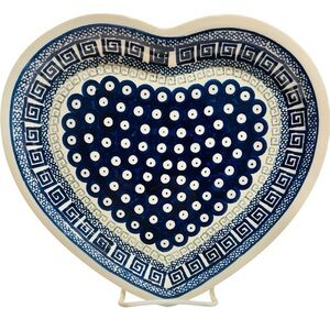 Heart-Shaped Polish Pottery Plate | Boleslawiec Blue White Peacock Pattern Greek